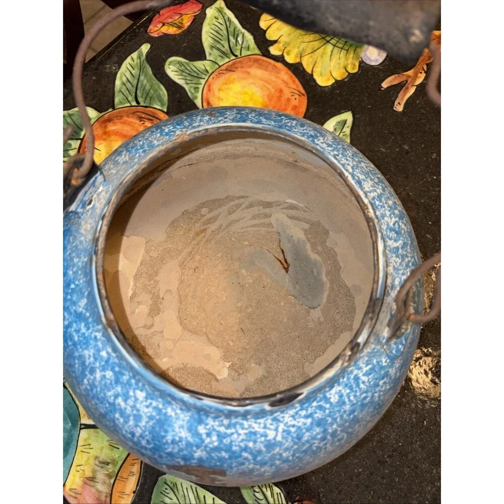 Antique Kettle German Graniteware Enamel Robin Egg Blue Wood Rare Cowboy Farm